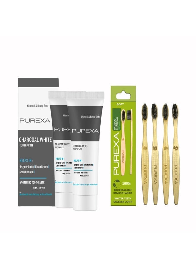 PUREXA Family Oral Care Combo | 2 Charcoal White Toothpaste (100g Each) with 4 Bamboo Toothbrushes | Activated Charcoal & Baking Soda Whitening Toothpaste | Fluoride Fresh Breath Protection - Image 1