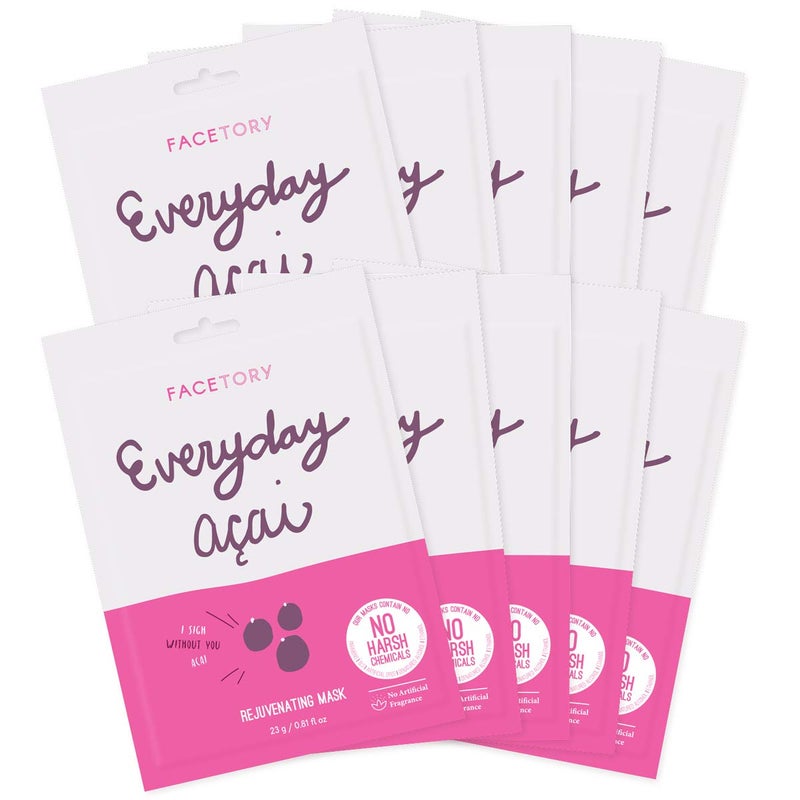 FACETORY K Beauty Face Mask Skin Care  Everyday ACAI Rejuvenating Sheet Mask  PlantBased with Acai Infusion 10 Pack