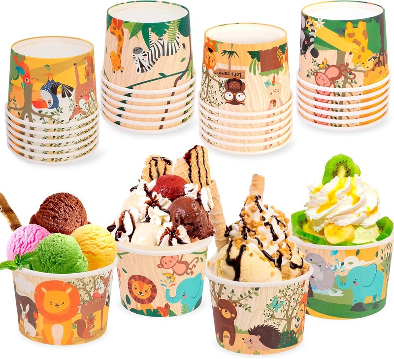 HOWAF 24pcs Summer Jungle Animal Ice Cream Bowls Safari Animal Party Supplies Disposable Treat Snack Cups Hawaiian Aloha Tropical 8 oz Paper Dessert Bowls for Birthday Party Decorations - Image 1