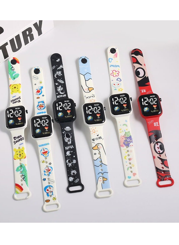 6 Pcs Kids' Cartoon Anime Printed Square Water Resistant Silicone Digital Watch 