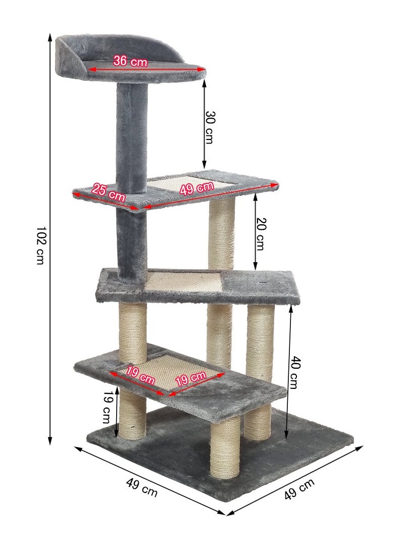 MAJIBAO - Cat tree with Climbing ladders, Cover with Soft plush fabric, and Durable, Indoor cat playground for all size breeds, Activity tower with Top perch, Sisal carpets, and Scratching posts, 102 cm (Grey) - Image 1