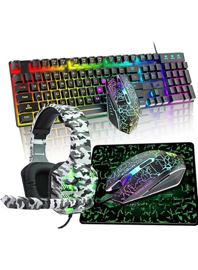 4-in-1 Gaming Combo (Keyboard, Mouse, Headset) - RGB Rainbow LED Backlight & Crack Design Mouse - Stereo Camouflage Headphone - Essential PC Gamer Set - Image 1
