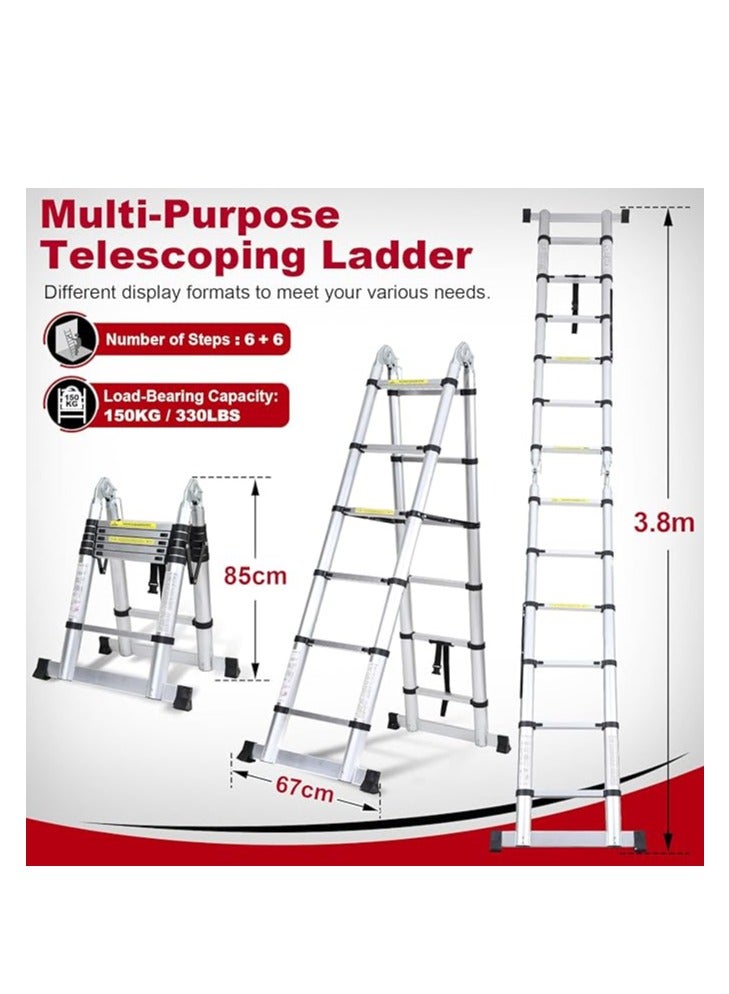 Aluminium Folding Telescopic Ladder, 3.8m Extendable Ladder, Non Slip Aluminum Ladder, Stair Ladder, Multifunction Ladder, Extendable Telescopic Ladder with 150kg Load Capacity - Image 5