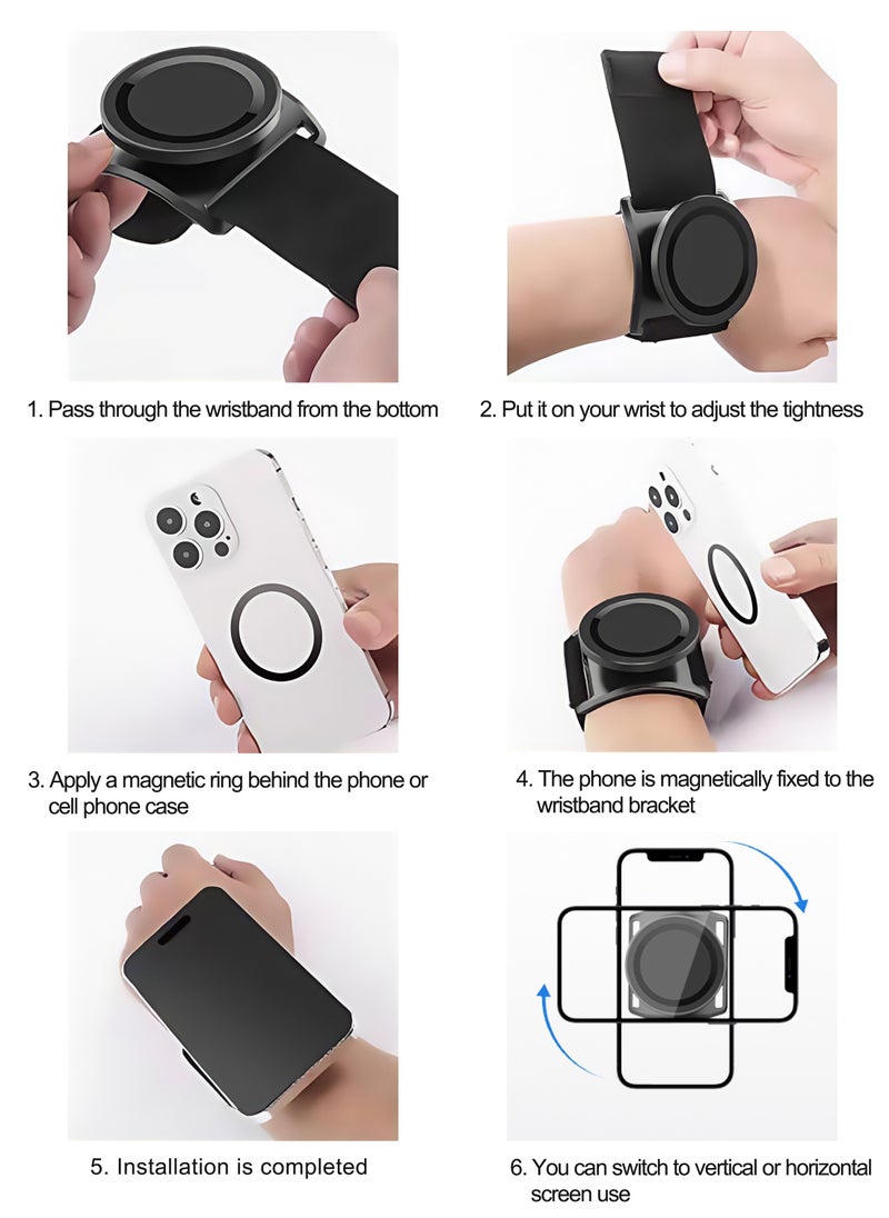 Arm mobile phone holder, Double fastening system with magnetic and silicone strap, 360° rotation and easy access to the screen, Suitable for running, fitness, cycling, climbing, yoga, jogging, hikin