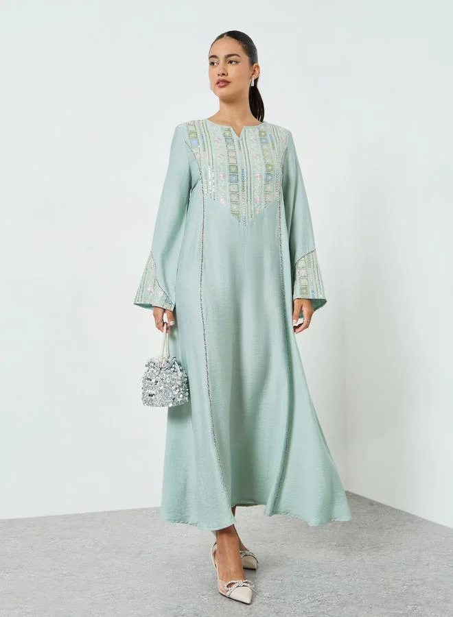 Amirah Green Embroidered A-Line Jalabiya