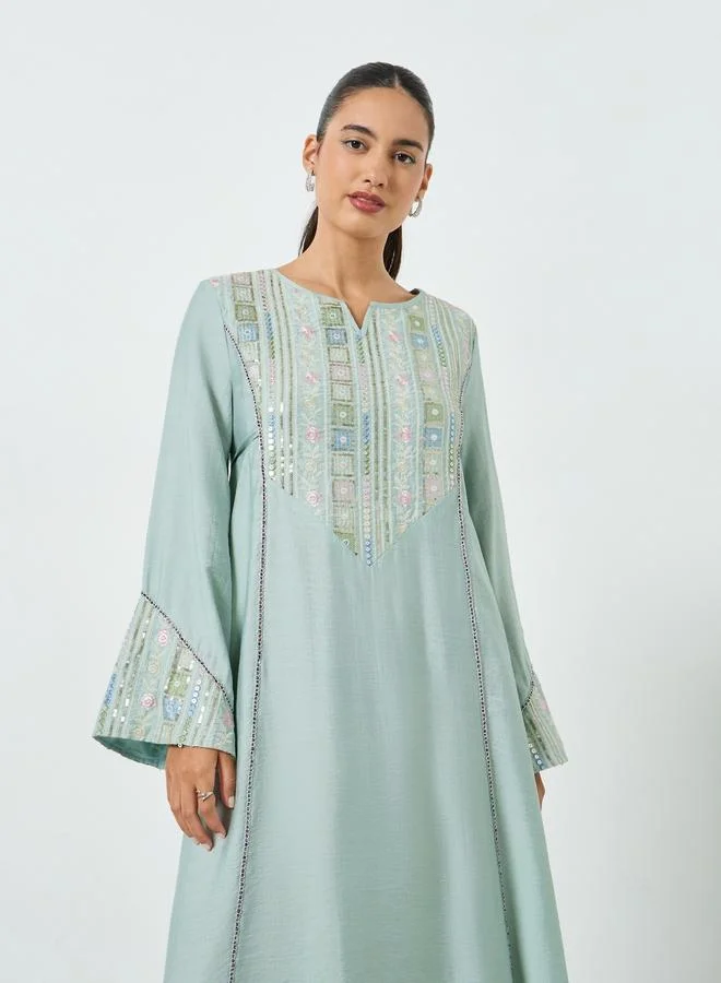Amirah Green Embroidered A-Line Jalabiya