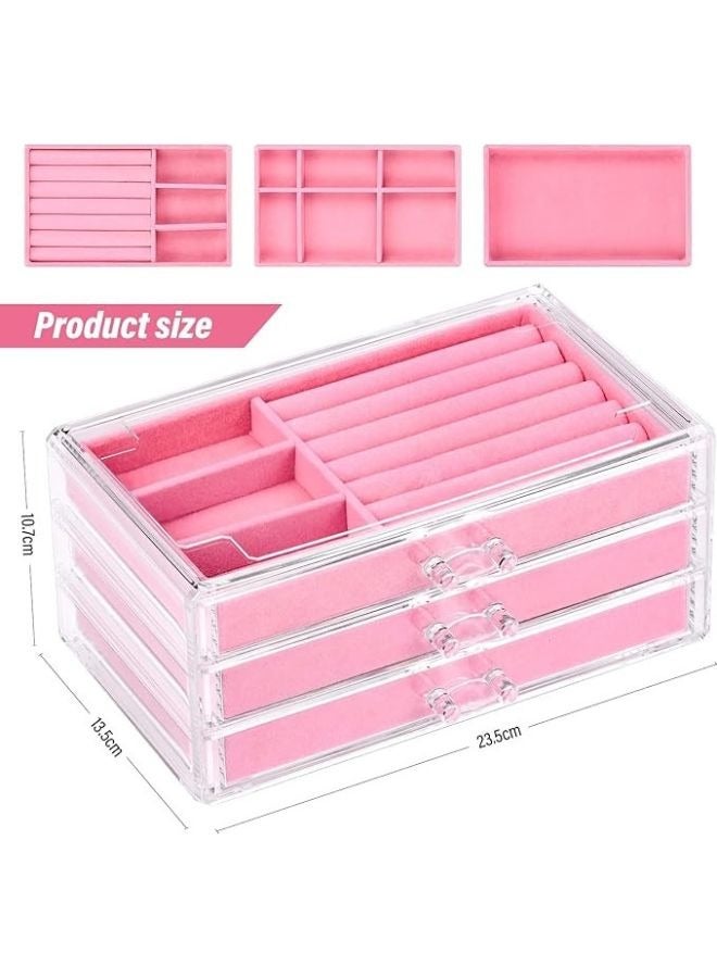 Happy Home Acrylic Jewelry Organizer Box Cosmetic Storage Organizer Box Clear Jewelry Case with 3 Drawers Adjustable Jewelry Box-Pink - Image 2