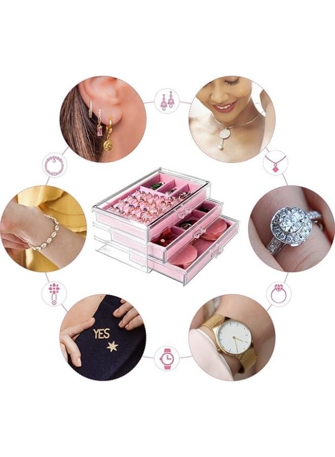 Happy Home Acrylic Jewelry Organizer Box Cosmetic Storage Organizer Box Clear Jewelry Case with 3 Drawers Adjustable Jewelry Box-Pink - Image 4