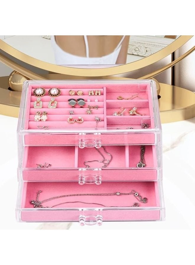 Happy Home Acrylic Jewelry Organizer Box Cosmetic Storage Organizer Box Clear Jewelry Case with 3 Drawers Adjustable Jewelry Box-Pink - Image 5