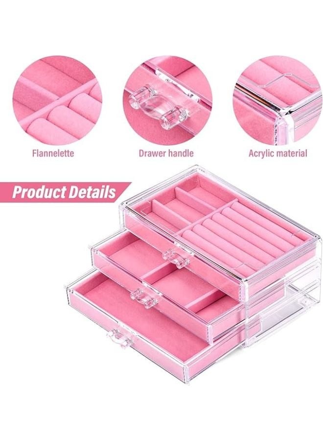 Happy Home Acrylic Jewelry Organizer Box Cosmetic Storage Organizer Box Clear Jewelry Case with 3 Drawers Adjustable Jewelry Box-Pink - Image 3