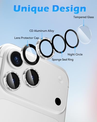 CloudValley Glitter Camera Lens Protector for iPhone 17 Pro/iPhone 17 Pro Max, HD Clear Tempered Glass, Shatterproof Metal Sparkle Lens Cover, Easy Installation Bubble-Free, Bling Silver - Image 3