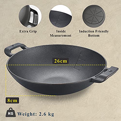 CountryCook Pre-Seasoned Cast Iron Wok/Kadai/Kadhai 26 Cms Cookware With Glass Lid Heavy Duty Induction Friendly, Orange - Image 2