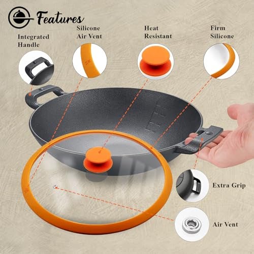 CountryCook Pre-Seasoned Cast Iron Wok/Kadai/Kadhai 26 Cms Cookware With Glass Lid Heavy Duty Induction Friendly, Orange - Image 3