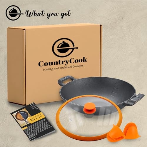CountryCook Pre-Seasoned Cast Iron Wok/Kadai/Kadhai 26 Cms Cookware With Glass Lid Heavy Duty Induction Friendly, Orange - Image 4
