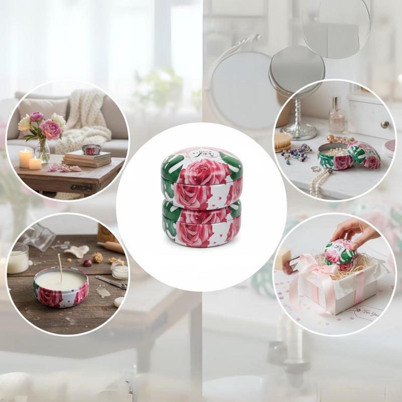 Set of 3 Round Tinplate Storage Jars, Floral Tropical Design, Metal Candle Holders, Jewelry Organizer Containers and Keepsakes - Image 3