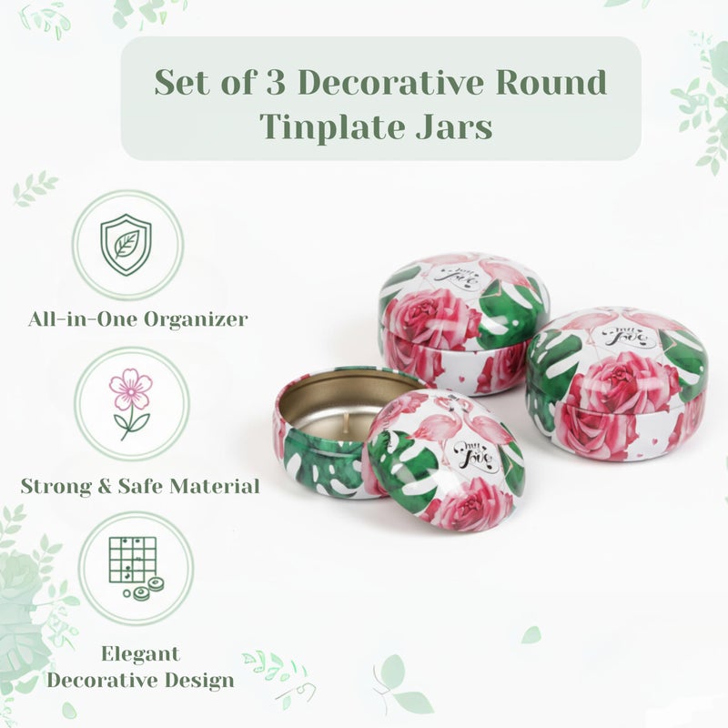 Set of 3 Round Tinplate Storage Jars, Floral Tropical Design, Metal Candle Holders, Jewelry Organizer Containers and Keepsakes - Image 2