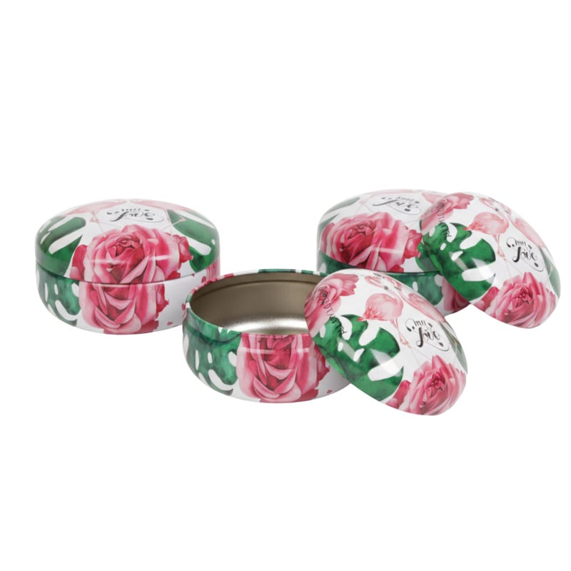 Set of 3 Round Tinplate Storage Jars, Floral Tropical Design, Metal Candle Holders, Jewelry Organizer Containers and Keepsakes - Image 1
