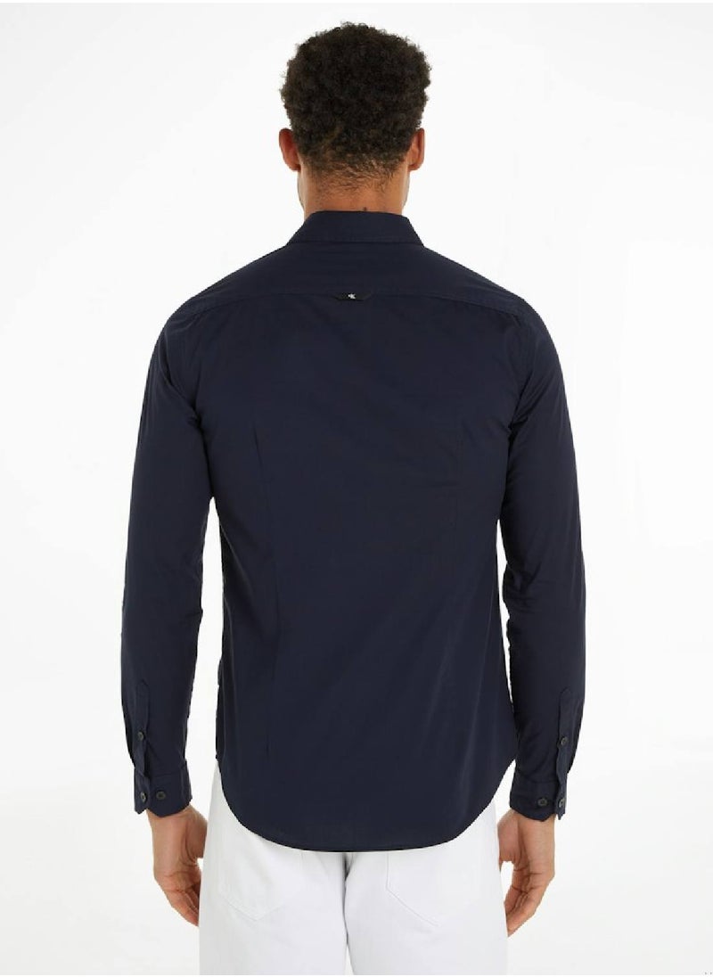 Calvin Klein Jeans Men's Slim Stretch Long Sleeve Shirt - Cotton, Blue  - Image 3