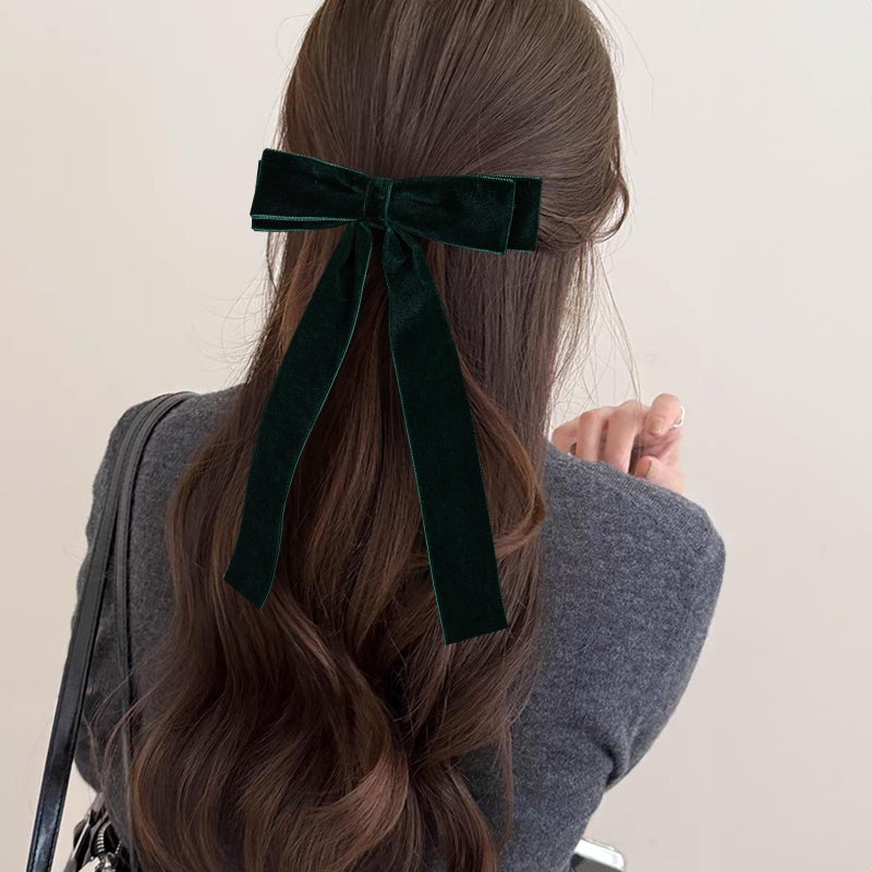 Miroksh 5.5" Dark Green Velvet Ribbon Hair Bow Clips with Tails Christmas Velvet Ribbon Cheer Bow Barrettes Alligator Hair Pins New Year Part Dress Decor Accessory For Women Teen Toddler Girls - Image 5