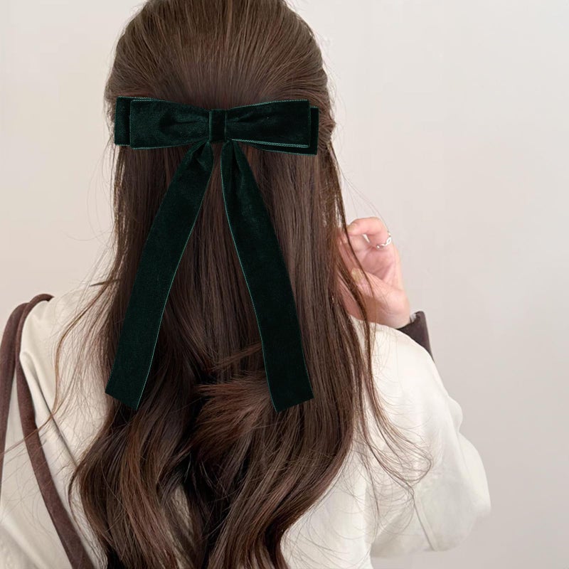 Miroksh 5.5" Dark Green Velvet Ribbon Hair Bow Clips with Tails Christmas Velvet Ribbon Cheer Bow Barrettes Alligator Hair Pins New Year Part Dress Decor Accessory For Women Teen Toddler Girls - Image 3