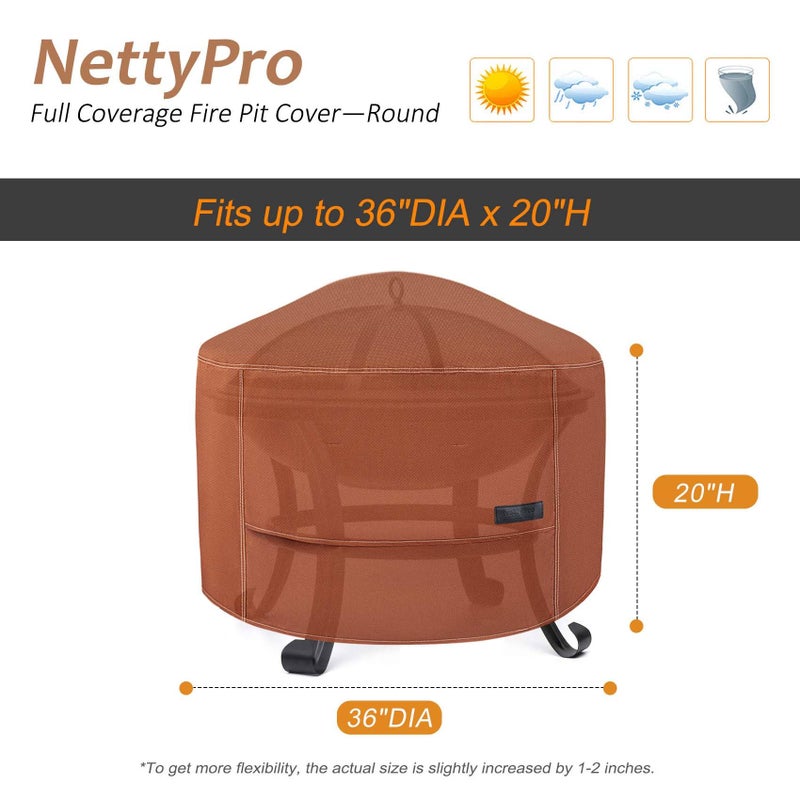 NettyPro Fire Pit Cover Round Waterproof Outdoor Firepit Cover for Gas Propane Fire Pit Table, 36 x 20 inch, Brown - Image 2