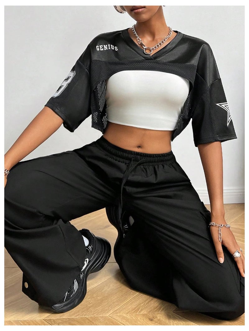 MakeMeChic Womenâ€™ S Jersey Shirts Y2k Graphic Tees Oversized Crop Tops Shrugs Streetwear Black Medium - Image 2
