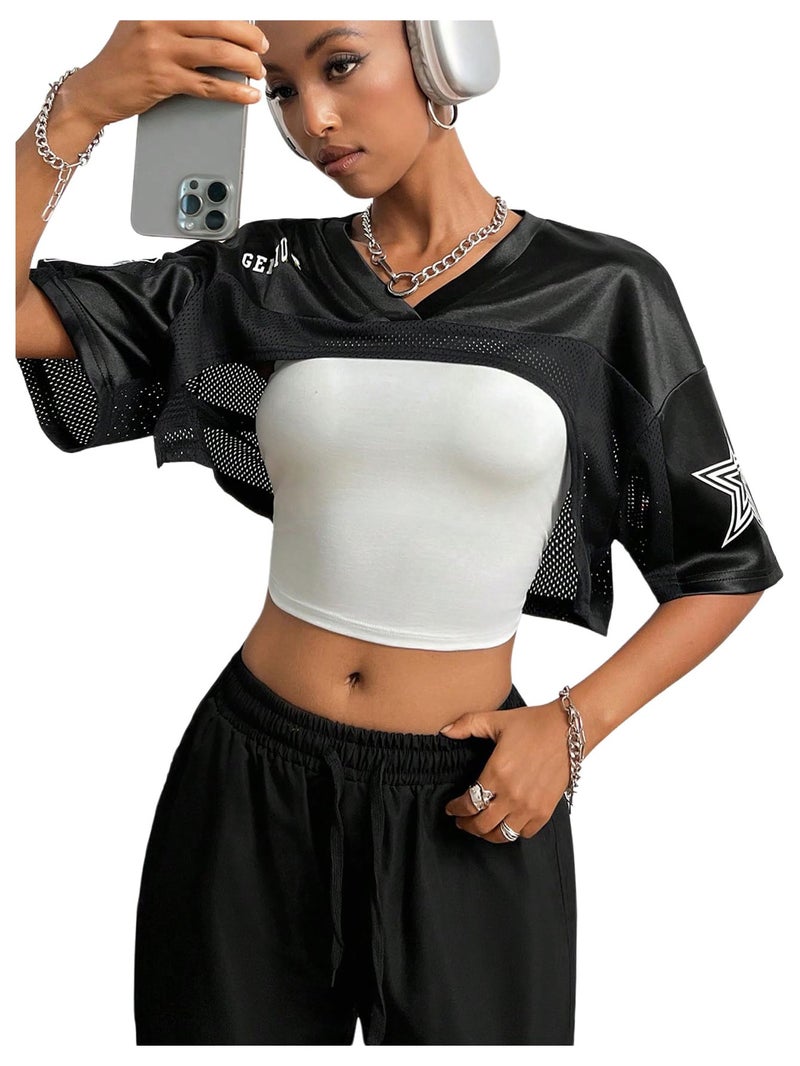 MakeMeChic Womenâ€™ S Jersey Shirts Y2k Graphic Tees Oversized Crop Tops Shrugs Streetwear Black Medium - Image 1