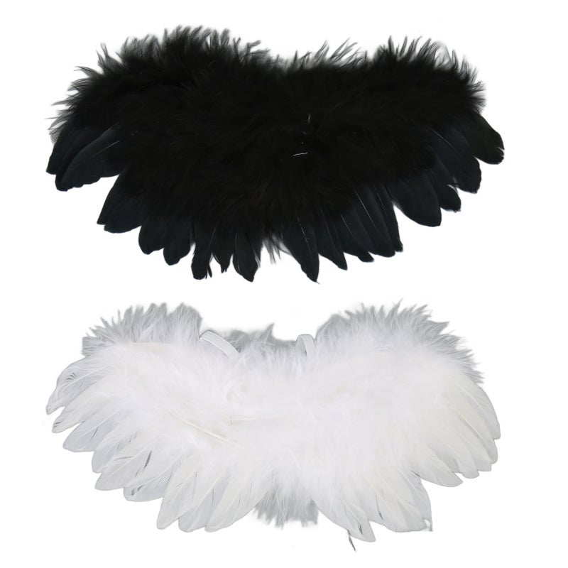 Bjd Feather Wings: 2pcs Black & White Natural Feather Material - Elastic Strap for Easy Wear Doll Wings for 1/3 1/4 1/6 Ball Joint Doll Cosplay & Photo Props - Image 1