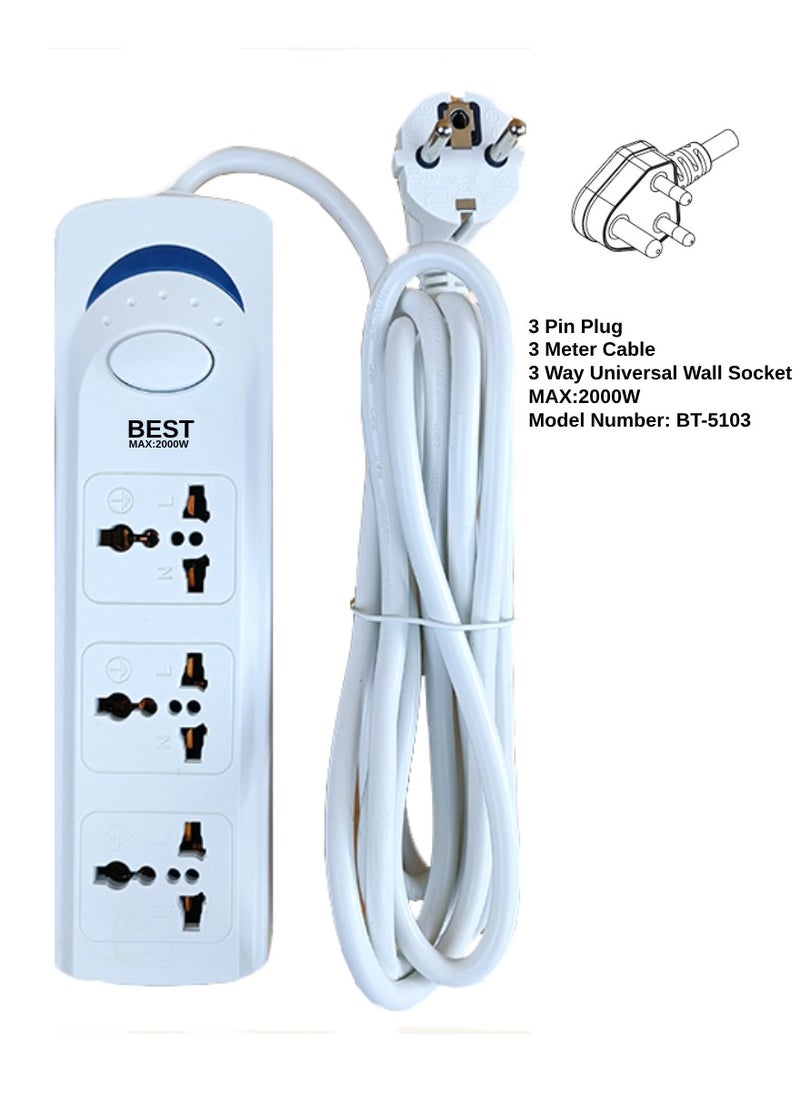 Best - BEST BT-5103 Universal Power Extension Socket With 3 Multi Universal Socket Multi Plug Power Extension Adapter 3 Meter 3 Gang 3 Pin Plus Max 2000W - Image 1