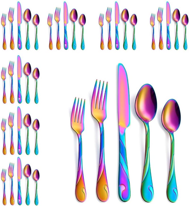 Seeshine Rainbow Silverware Set for 8 40Piece Stainless Steel Flatware Set Shiny Rainbow Metal Cutlery Set Include Fork Knife and Spoon Set Dishwasher Safe - Image 1