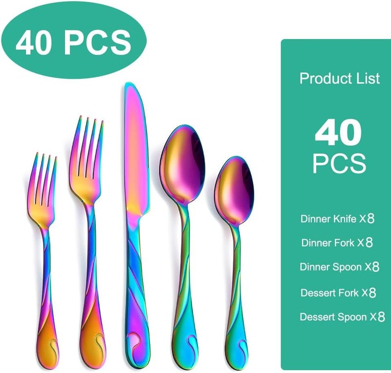 Seeshine Rainbow Silverware Set for 8 40Piece Stainless Steel Flatware Set Shiny Rainbow Metal Cutlery Set Include Fork Knife and Spoon Set Dishwasher Safe - Image 3