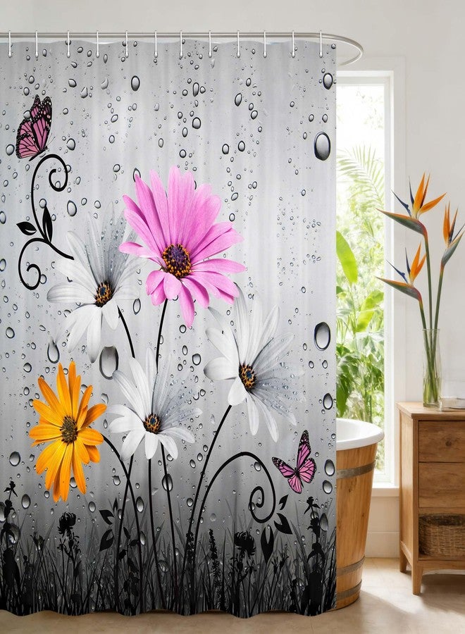 Viajar Pink Floral Shower Curtain, Country Farmhouse Daisy Flowers and Butterfly Shower Curtains for Bathroom, Grey Gray Spring Floral Shower Curtain with 12PCS Hooks, 72X72 inch - Image 1