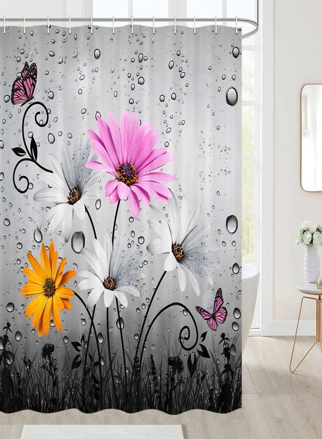 Viajar Pink Floral Shower Curtain, Country Farmhouse Daisy Flowers and Butterfly Shower Curtains for Bathroom, Grey Gray Spring Floral Shower Curtain with 12PCS Hooks, 72X72 inch - Image 3