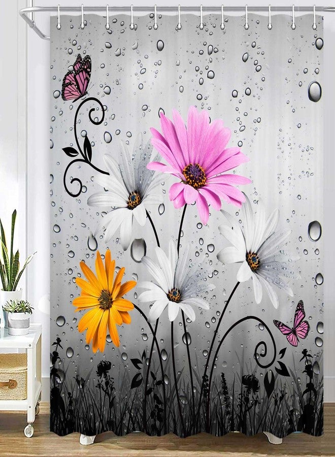 Viajar Pink Floral Shower Curtain, Country Farmhouse Daisy Flowers and Butterfly Shower Curtains for Bathroom, Grey Gray Spring Floral Shower Curtain with 12PCS Hooks, 72X72 inch - Image 4