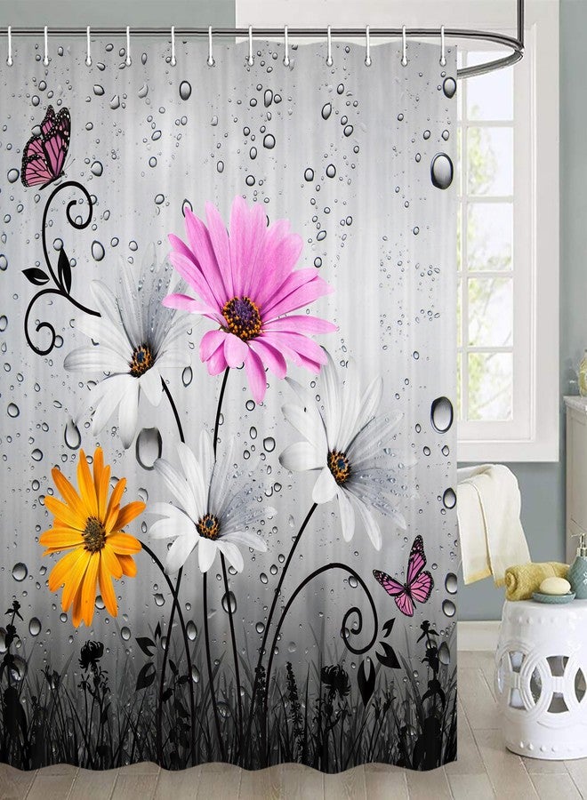 Viajar Pink Floral Shower Curtain, Country Farmhouse Daisy Flowers and Butterfly Shower Curtains for Bathroom, Grey Gray Spring Floral Shower Curtain with 12PCS Hooks, 72X72 inch - Image 2