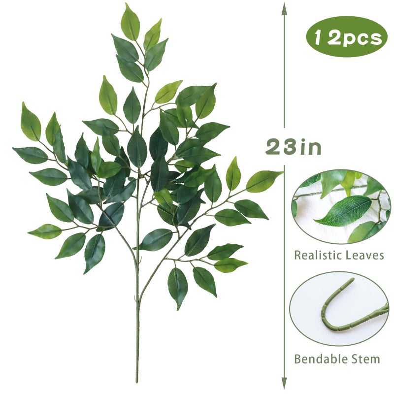mizii 12pcs Artificial Greenery Stems Silk Green Leaves Fake 23in Ficus Garland Spray Plants Faux Greenery Decoration for Centerpieces Wedding Arch Flower Bouquet Table Home Decor (12) - Image 2