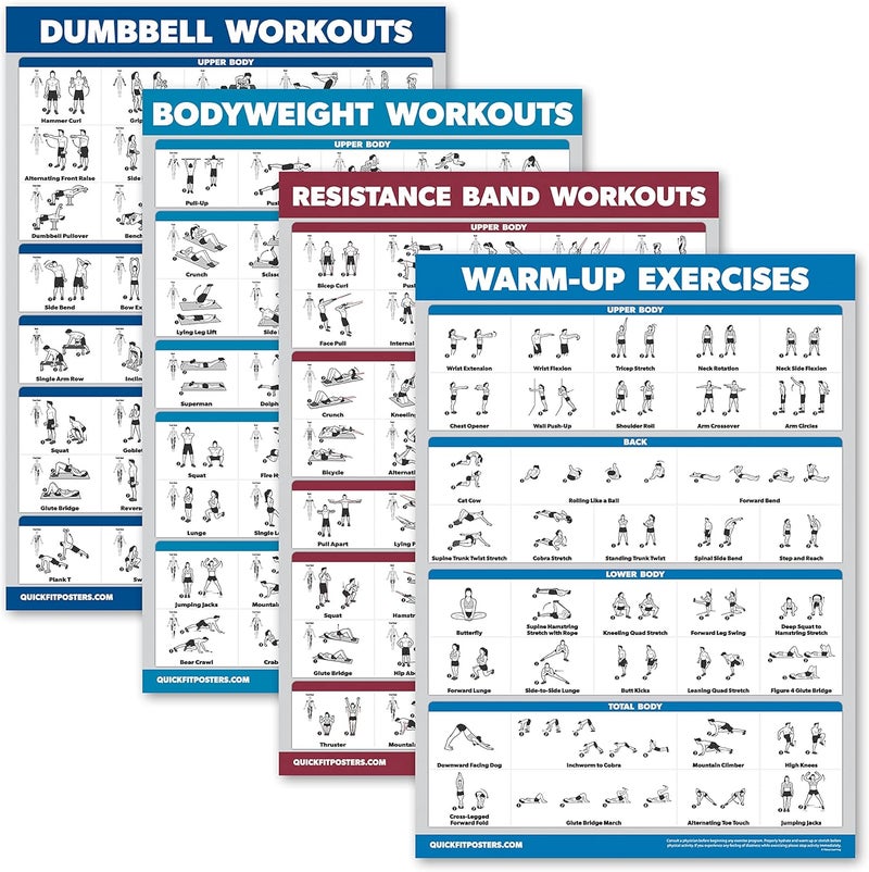Palace Learning 4 Pack - Dumbbell Workouts + Bodyweight Exercises + Resistance Bands Workouts + Warm Up Exercises - Set of 4 Workout Charts (LAMINATED, 18” x 24”) - Image 1
