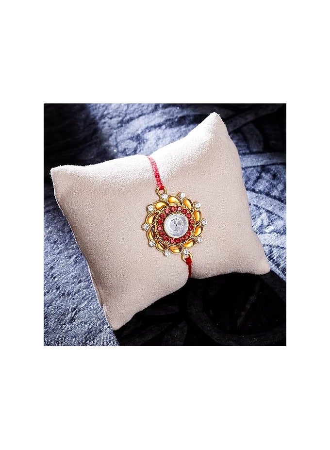 سوكهي Sukhi Rakhi مصمم زهور كوندان أنيق مطلي بالذهب راخي فاخر للأخ مع رولي شوال وبطاقة تهنئة راخي لبهايا راخي للرجال كوندان راخي - Image 2