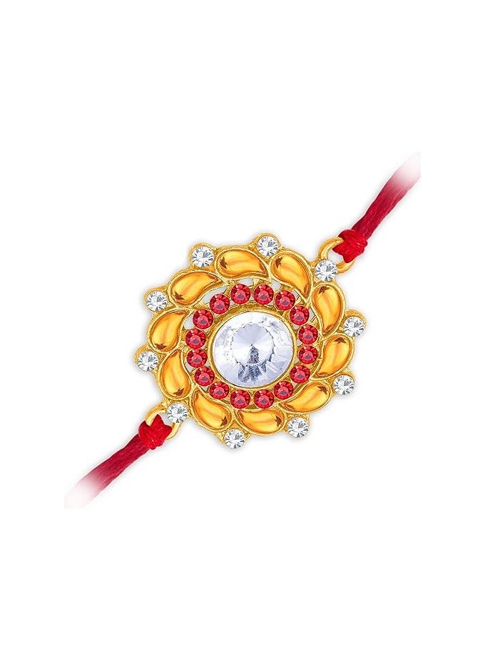 سوكهي Sukhi Rakhi مصمم زهور كوندان أنيق مطلي بالذهب راخي فاخر للأخ مع رولي شوال وبطاقة تهنئة راخي لبهايا راخي للرجال كوندان راخي - Image 3