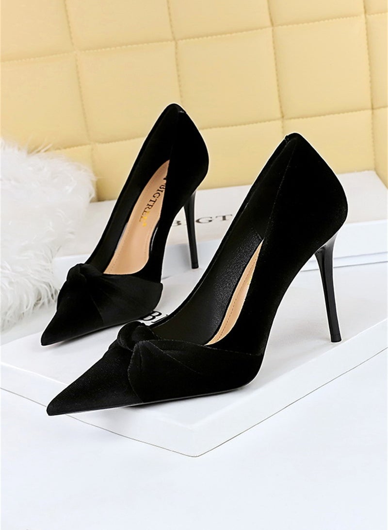 بيج تري نمط طرف عال كعب خفيّ يفتح إصبع قدم فرو القوس وحيد حذاء 10CM أسود - Image 1