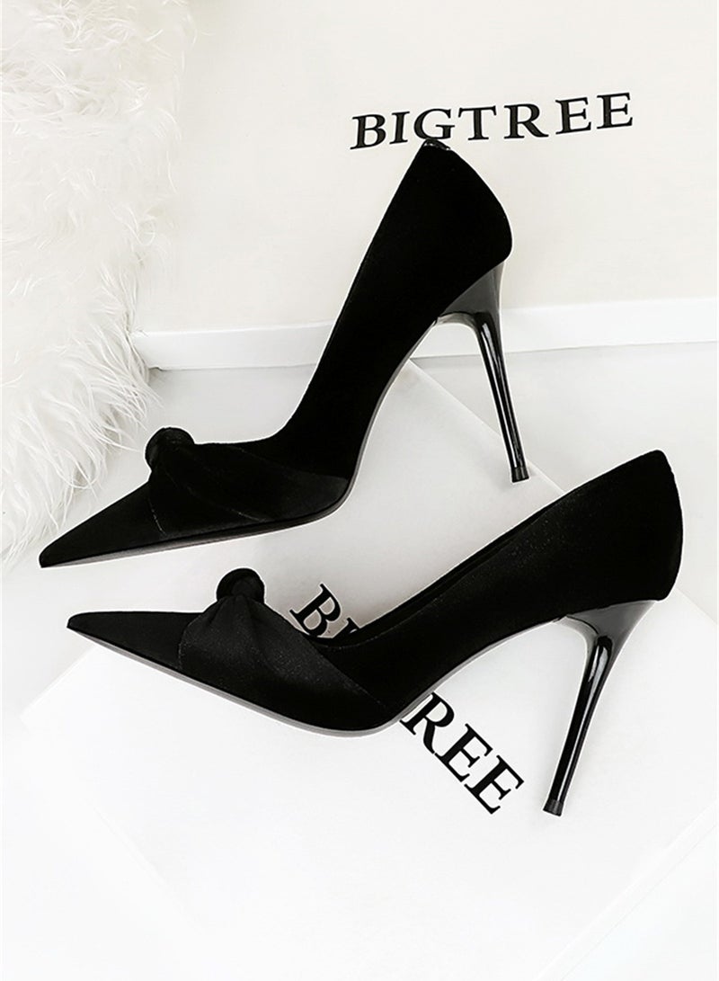 بيج تري نمط طرف عال كعب خفيّ يفتح إصبع قدم فرو القوس وحيد حذاء 10CM أسود - Image 2