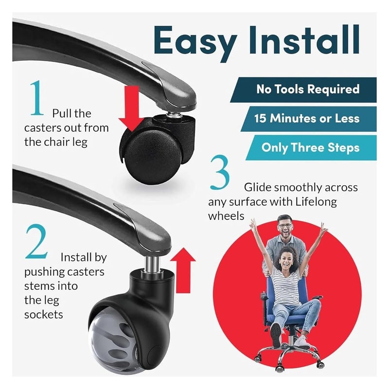 عجلات استبدال كراسي المكتب ثقيلة الوزن 2 بوصة 5 قطع آمنة لجميع أنواع الأرضيات والسجاد - Image 4