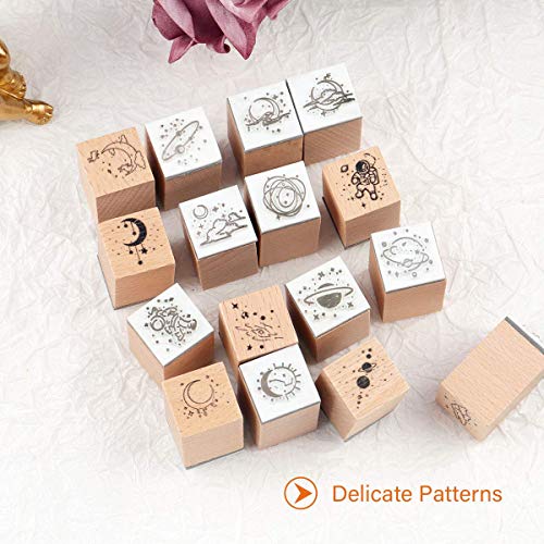 RisyPisy 16 Pieces Vintage Wooden Rubber Stamps, Universe & Galaxy Scrapbooking Decorative Rubber Stamp Set, Wood Mounted Rubber Stamps for Crafting Arts and Crafts, Journals, Card Making - Image 4