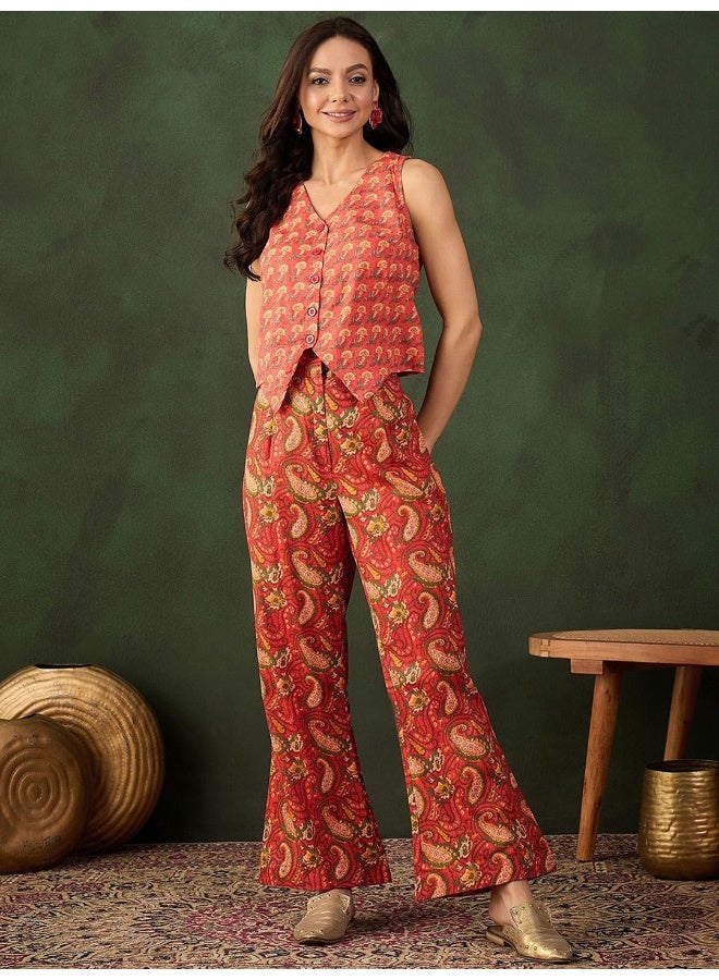 AKS Red Cotton Co Ord Set Palazzo With Vest  - Image 1