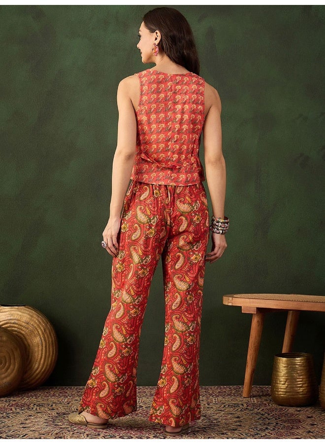 AKS Red Cotton Co Ord Set Palazzo With Vest  - Image 4