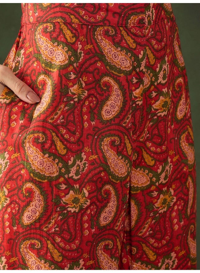 AKS Red Cotton Co Ord Set Palazzo With Vest  - Image 3