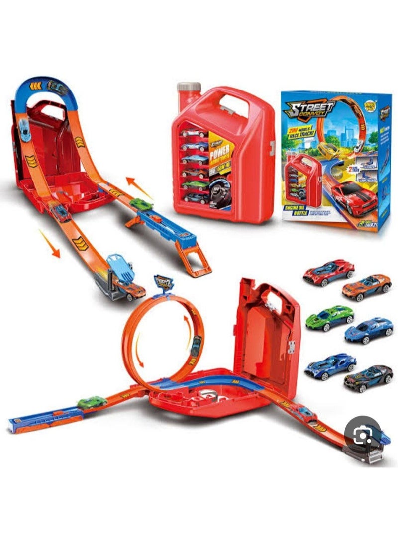 مسار سيارة Charmofun 2 في 1، مسارات سباق ألعاب مع 6 سيارات، صندوق تخزين، مسارات سيارات للأطفال مع حلقة ومسارات على شكل حرف U، مسار محمول للأطفال من سن 3 سنوات فما فوق... - Image 1