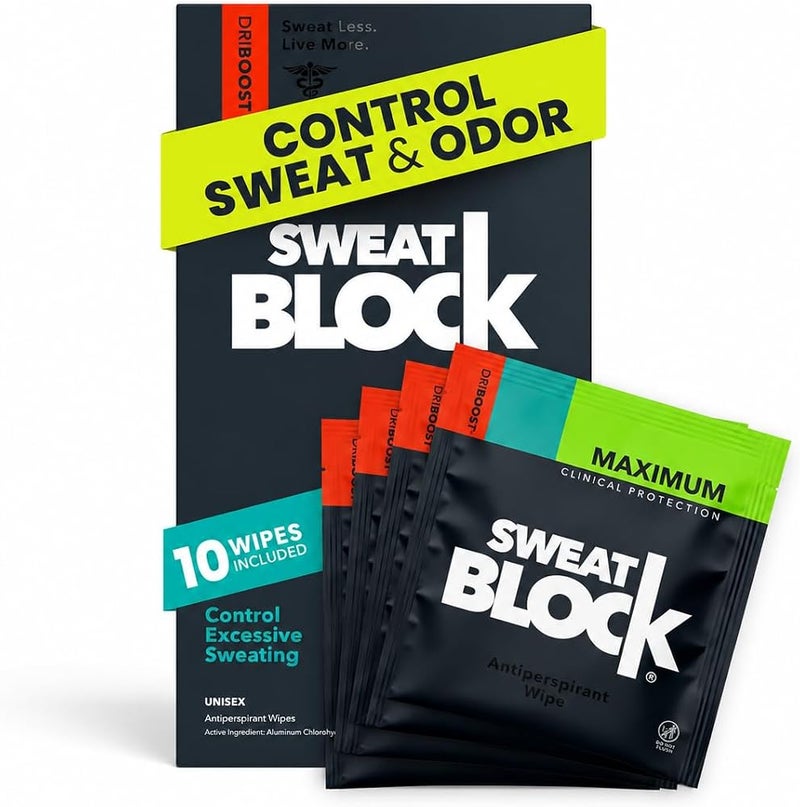 SweatBlock Clinical Strength DRIBOOST Antiperspirant Wipes - Treat Hyperhidrosis & Excessive Sweating for Men & Women - Up to 7 Days Sweat Protection Per Wipe - Dermatologist Tested, Unscented,10 ct. - Image 1