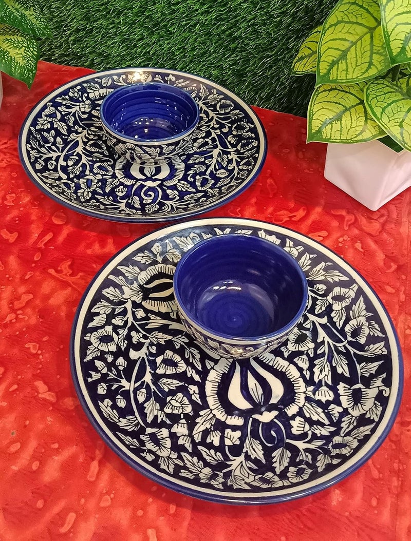 Caffeine Ceramic Handmade Blue mughal Combo Dinner Set Set of 4 2 Dinner Plate 2 Katori Bowl - Image 1