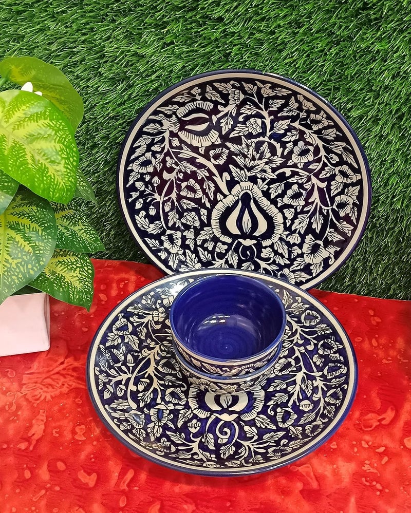 Caffeine Ceramic Handmade Blue mughal Combo Dinner Set Set of 4 2 Dinner Plate 2 Katori Bowl - Image 2